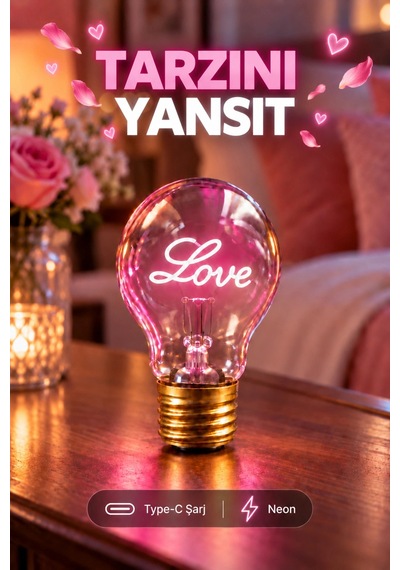 Love Neon Dekoratif Masa Lambası Ampul Şeklinde Yeni Nesil Aydınlatma Aşk Çok Renkli