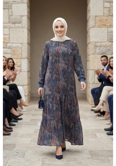 Hb Harma Time Butik Kadın İçi Şardonlu Desenli Lacivert Şifon Elbise
