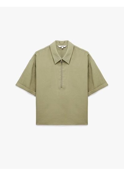 Koton Cupro Kumaş Gömlek Yaka Yarım Fermuarlı Kısa Kollu Oversize Bluz Haki 6sak60053pw