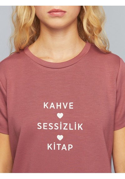 Lcw Everyday Pembe Bisiklet Yaka Slogan Baskılı Kadın Tişört