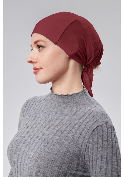 Sonbaharmoda Kadın Tesettür Likralı Penye Dikişsiz Kaymaz Düz Bağlamalı Bone Bordo