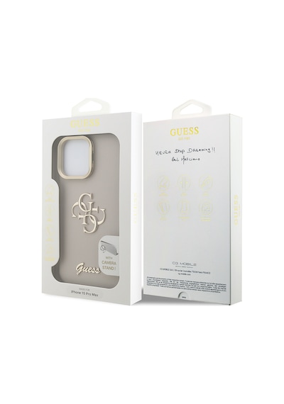 Apple iPhone 15 Pro Max Uyumlu Kılıf Guess  Lisanslı Grained Yazı Logolu Kamera Standlı Kapak Bej