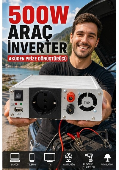 500w Fanlı Akü İnverteri 12v Dc Giriş 220v Ac Çıkış Usb Portlu Taşınabilir Araç Kullanımı