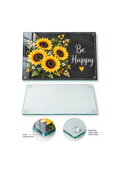 Gökçeoğlu Cam Kesme Tahtası Sarı Ayçiçekli Siyah Zeminli Be Happy Temalı - Cam Kesme Tablası 20cm X 30cm Çok Renkli