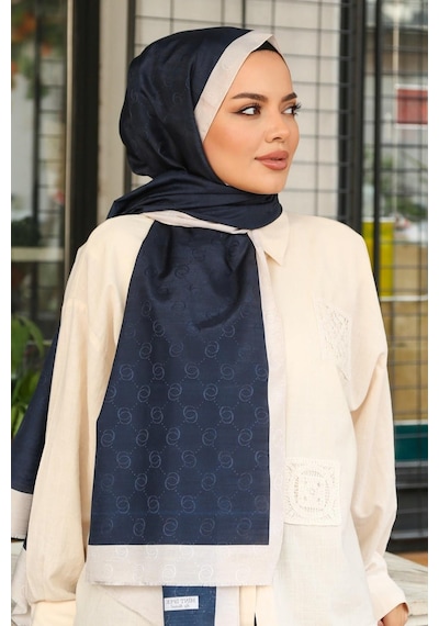 Premium Lux Original Monogram Şal İpek Vual, Yüksek Kalite, Hafif, Rahat, Şık, Tesettür, Shawl Lacivert - Krem