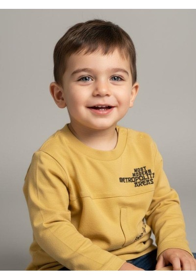 Zekids Erkek Bebek Pamuklu Yazı Detaylı İnce Uzun Kollu T-shirt-16860 Sarı