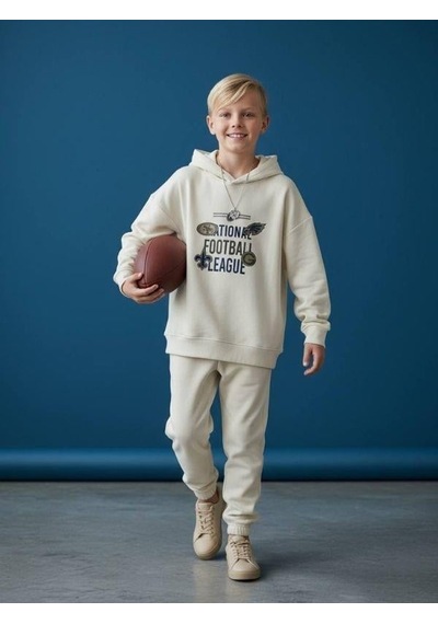 Zekids Erkek Çocuk Sırt Baskılı Football League Yazılı Kapüşonlu Sweatshirt-16639 Ekru
