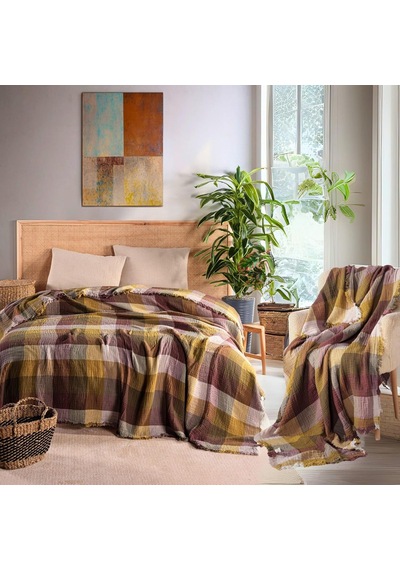 Müslin Yatak Örtüsü Çift Kişilik Battal Boy 240x260 Cm, 4 Katlı%100 Pamuk Yumuşak Boho Çizgili Yazlık Pike, Ek Diğer