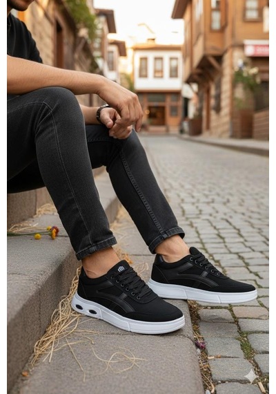 Fort 2308 Dks Keten Rahat Hafif Sneaker Erkek Ayakkabı Siyah - Beyaz
