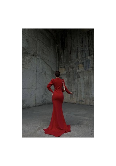Lior Design Kadın Vintage Esnek Simli Kumaş Degaje Yaka Büzgülü Abiye Elbise Kırmızı