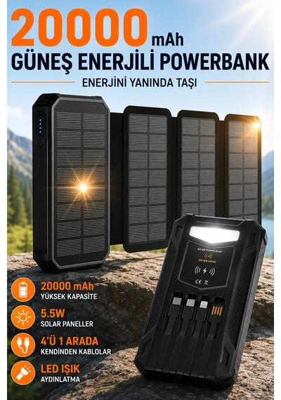 Exenar - Siyah - Güneş Enerjili Powerbank 4 Solar Panel Taşınabilir Şarj Cihazı Kendinden Kablolu Led Fenerli 20000mah Black Exenar - Siyah - Güneş Enerjili Powerbank 4 Solar Panel Taşınabilir Şarj Cihazı Kendinden Kablolu Led Fenerli 20000mah Black