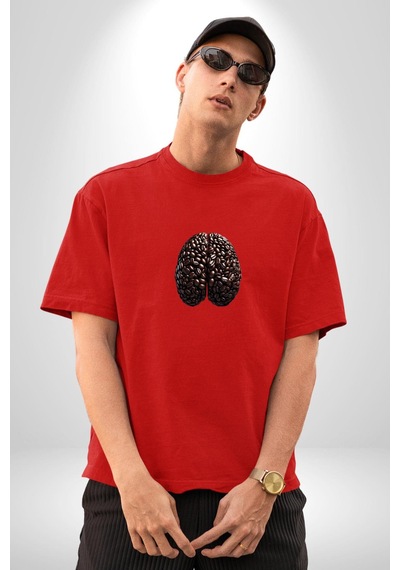 Kuru Kahve Çekirdeği Beyin Pamuklu Bisiklet Yaka Unisex Oversize Boyfriend Dijital Baskılı Kırmızı T-shirt Kırmızı