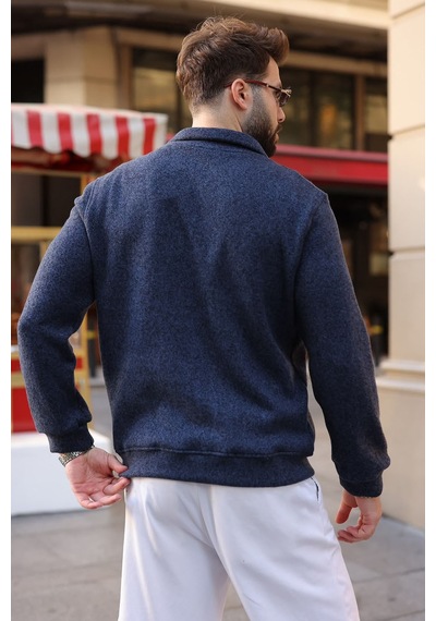 Madmext Lacivert Polo Yaka Yarım Fermuarlı Örme Erkek Kazak E7201
