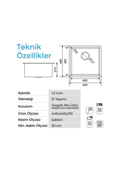 Crauf Stella 4444 Pvd Füme Siyah 40x40 El Yapımı Paslanmaz Çelik Mutfak Eviyesi Füme