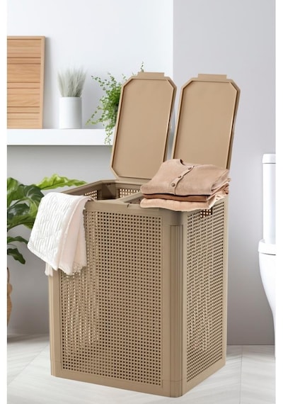 Omnipazar Sy-4632 Smart Duo İki Bölmeli Kirli Çamaşır Sepeti 84 Litre Bej Bej