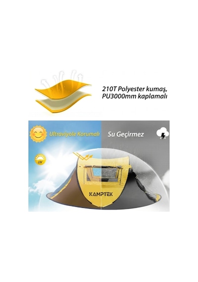 Pratik Pop-up Kamp Çadırı - 3 Kişilik Otomatik Kurulum, Su Geçirmez & Sinekli Korumalı 220 120 90 Cm Sarı