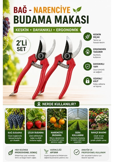 Budama Makası Bağ Narenciye Bahçe Bitkileri İçin Ergonomik 2 Li Set
