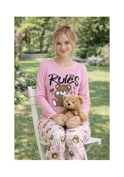Rindahomewear Kadın Rules Ayıcık Baskılı Süprem Uzun Kol Pijama Takımı Pembe1