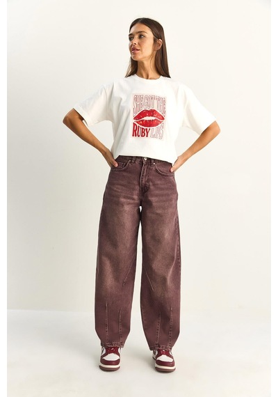 Shade Kadın Vintage Yıkamalı Baggy Kesim Rahat Kalıp Denim Pantolon 703 60286060 - Mürdüm