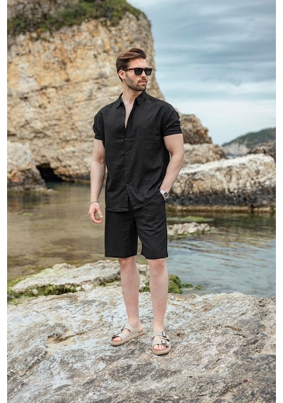 Madmext Siyah Keten Görünümlü Relax Fit Erkek Gömlek Şort Takım E7364