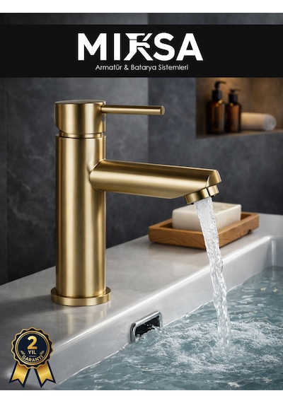 Gold Altın Kaplama Sabit Lüx Gövde Banyo Lavabo Musluğu Bataryası
