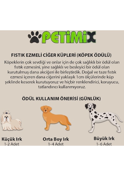 Petimix Fıstık Ezmeli Dana Ciğer Küpleri Köpek Ödül Maması 100 G