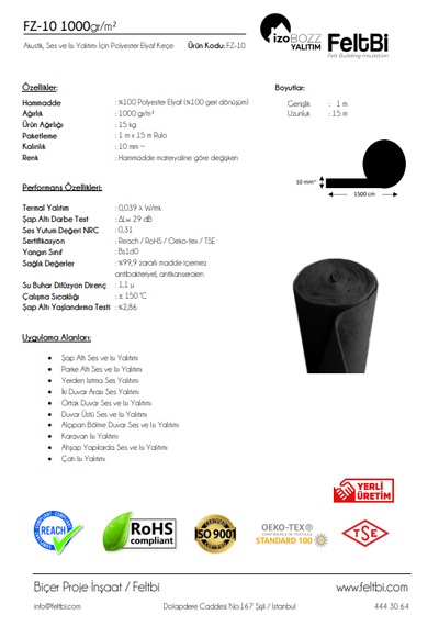 İzobozz&feltbi 10mm 1000 Gr/m2 Isı Ve Ses Yalıtımı Polyester Elyaf Keçe