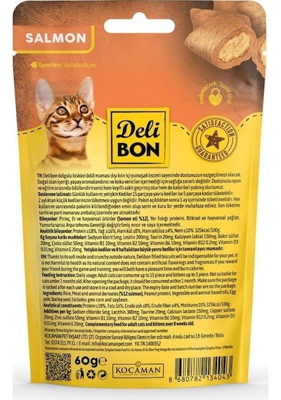 Delibon Crunchy İçi Dolgulu Bisküvi Somonlu Kedi Ödülü 60 G