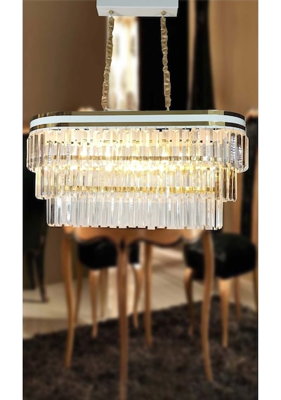 Beyaz Şeritli 70x30 Cm Lik Kristal Taşlı Lüks Avize - Yatak Odası - Salon - Mutfak - Hol Altın