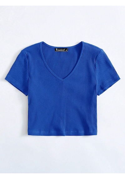 Rooted-kadın Basic Crop V Yaka Kaşkorse T-shirt Sax Rooted-kadın Basic Crop V Yaka Kaşkorse T-shirt Sax