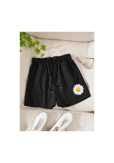 Tarzsokak Floral Print Drawstring Waist Şort Siyah