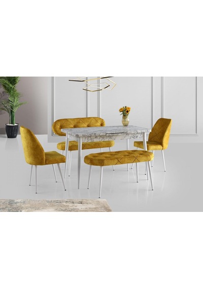 Ay Masa Ve Sandalye Bench Takımı, Açık Hardal Beyaz, 120x70 Beyaz