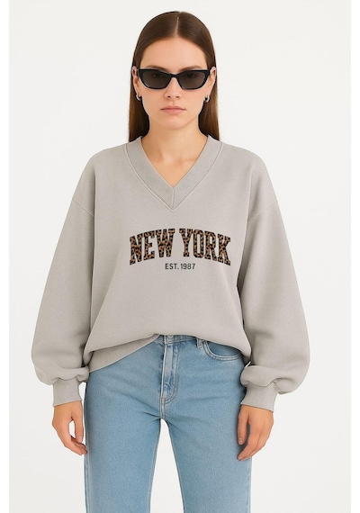 Benroma New York Baskılı Ünisex V Yaka Sweatshirt Gri