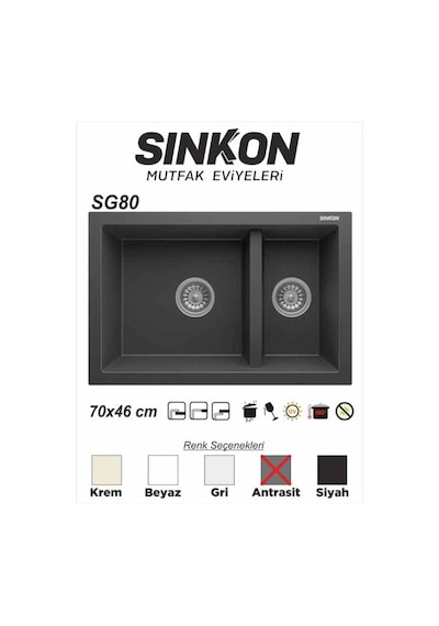 Sinkon Antrasit Granit Eviye 70 x 46 / 1.5 Göz - Sg80 - Sinkon