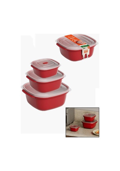 Kırmızı Kare Saklama Kabı Seti 3'lü 550/1100/2200 Ml Çok Renkli