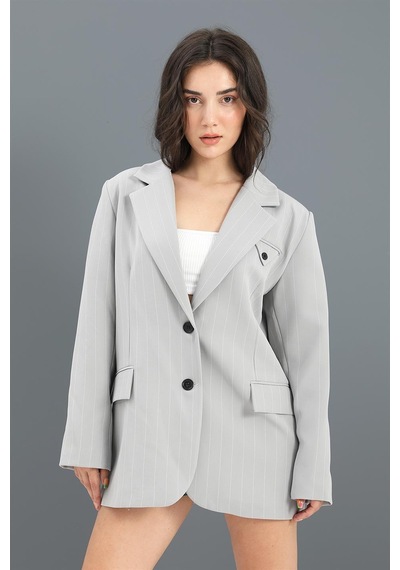 Blazer Ceket Çizgili Atlas Kumaş - Gri-gri Gri
