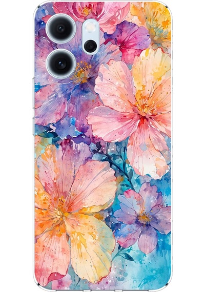 Oppo Reno 14f Uyumlu Renkli Çiçekler Sulu Boya Baskılı Silikon Kılıf Renkli