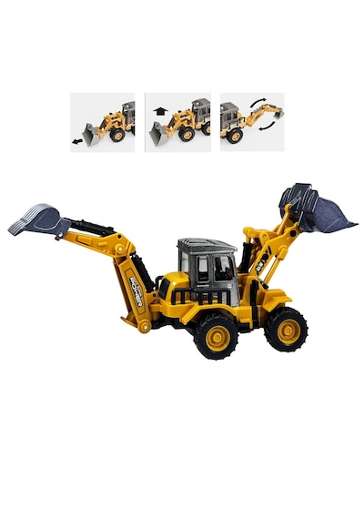 Diecast Oyuncak Metal İnşaat Araçları Çift Taraflı Dozer Kepçe Sürtmeli Kazıcı Ve Yükleyici Kutulu Sarı
