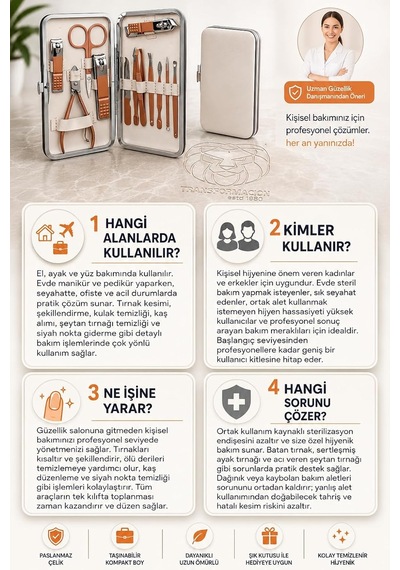 12 Parça Manikür Pedikür Seti - Lüks Deri Çantalı Paslanmaz Çelik Tırnak Makası, Et Pensi, Törpü, Cımbız, El Ayak Ve Yüz Bakım Aletleri Seti 723372