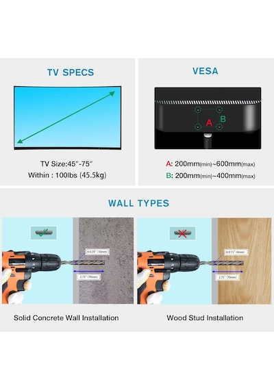 Ayrex Nb North Bayou Tv Duvara Montaj Döner Tv Braketi 45-75 Düz Ekran Tv Vesa İçin Tam Hareket 600x400mm'ye Kadar Y