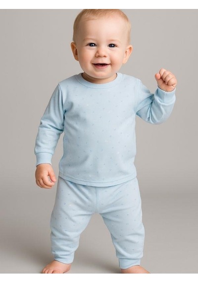 Çocuk Pamuklu Çiçek Desenli Pijama Takımı-16051 Mavi