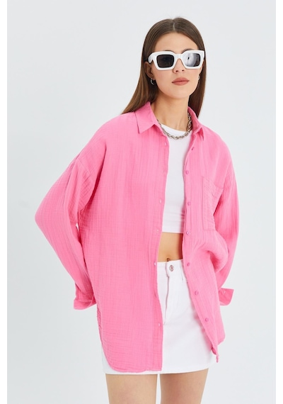 Mixray - 3833 Kadın Oversize Cepli Müslin Gömlek Pembe