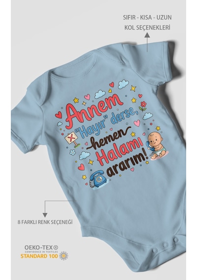 Morivokids Annem Hayır Derse Hemen Halamı Ararım Kısa Kollu Bebek Body %100 Pamuk Bebe Mavisi