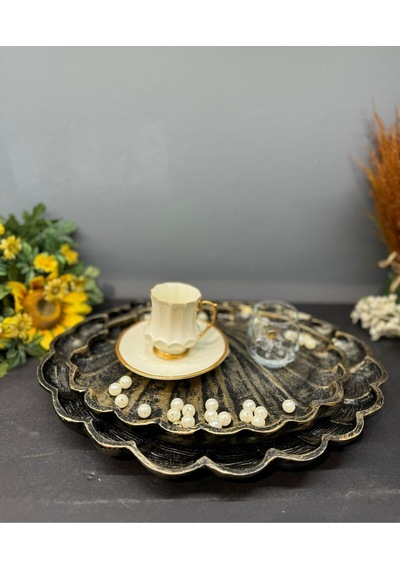 Dekoratif Polyester İkili İstiridye Tepsi Sunumluk Gold Siyah Eskitme