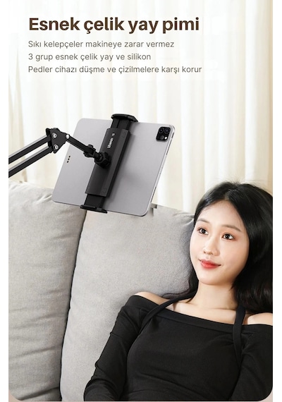 Shopytech Metal 360 Uzun Kol Tablet/telefon Standı Kelepçeli Masa/yatak Başlığı Tutucu 6 -12.9 Uyum 1 Adet