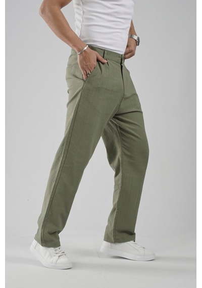 Baggy Fit Kalıp Pamuklu Keten Pantolon Haki