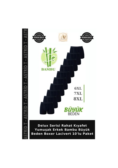 Astrid T Delux Serisi Rahat Kıyafet Yumuşak Erkek Bambu Büyük Beden Boxer Lacivert 10'lu Paket