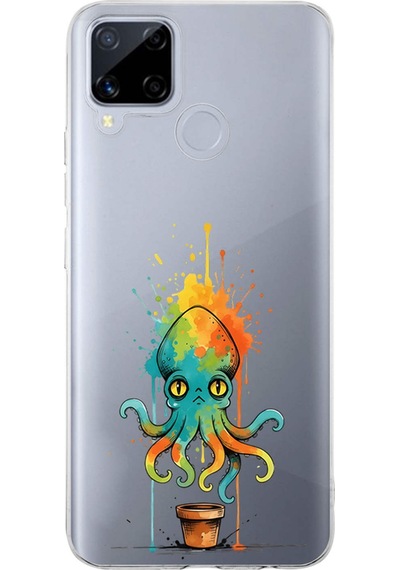 Realme C15 İle Uyumlu Splash Ahtapot Tasarımlı Şeffaf Silikon Kılıf Şeffaf