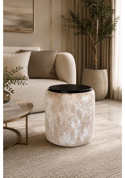 Premium Dokuma Kumaş Puf Sehpa 40x46 Cm Modern Yuvarlak Oturma Pufu Dekoratif Bej Gold - 878843025 Bej Gold