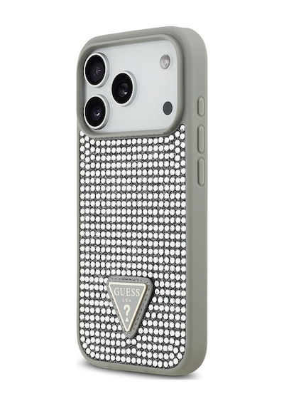 Apple Uyumlu iPhone 17 Pro Kılıf Guess Lisanslı Taşlı Arka Yüzey Üçgen Logolu Kapak Gümüş